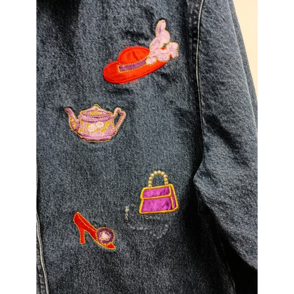 VTG 90s Keren Hart  Denim Jacket Womens Medium Blue Red Hat Embroidered Artsy